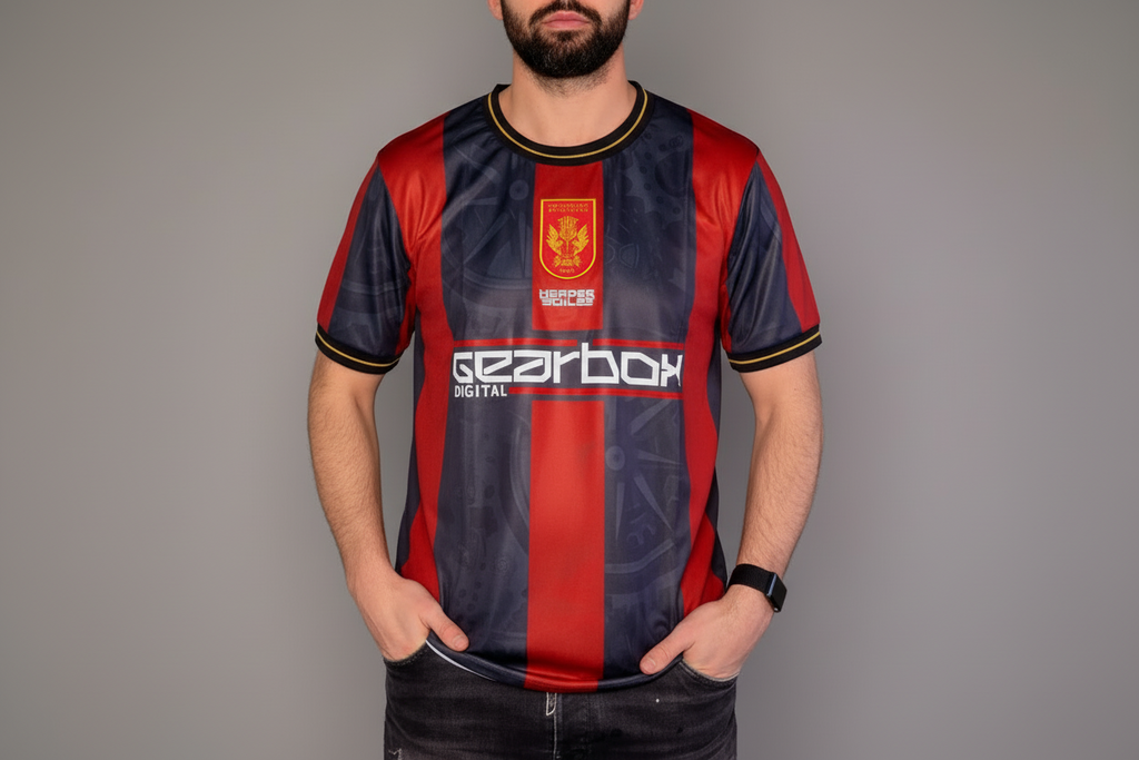 Man wearing a red and black sports jersey with a visible brand logo on a white background